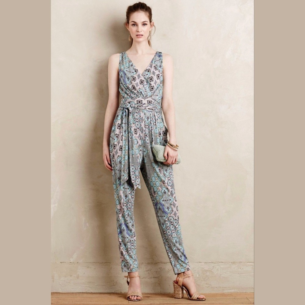 Anthropologie Elevenses Large‎ Jumpsuit Sleeveless Belt Paisley Boho City Summer